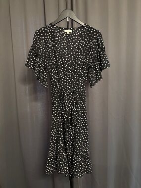 Max Studio Black and White Polka-Dot Wrap Midi Dress